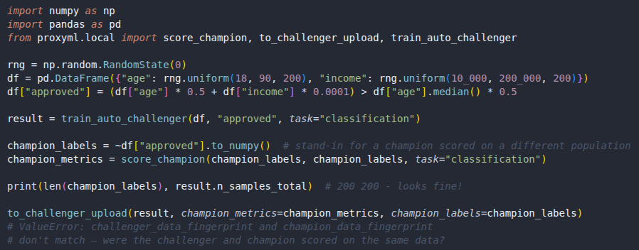 Sample of challenger model code in ProxyML